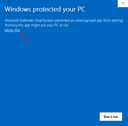 Windows protected your PC message, with an arrow pointing to the More info link