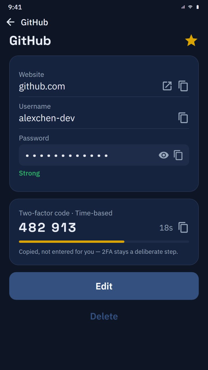 A Fobb entry showing the password and its live 2-step code together