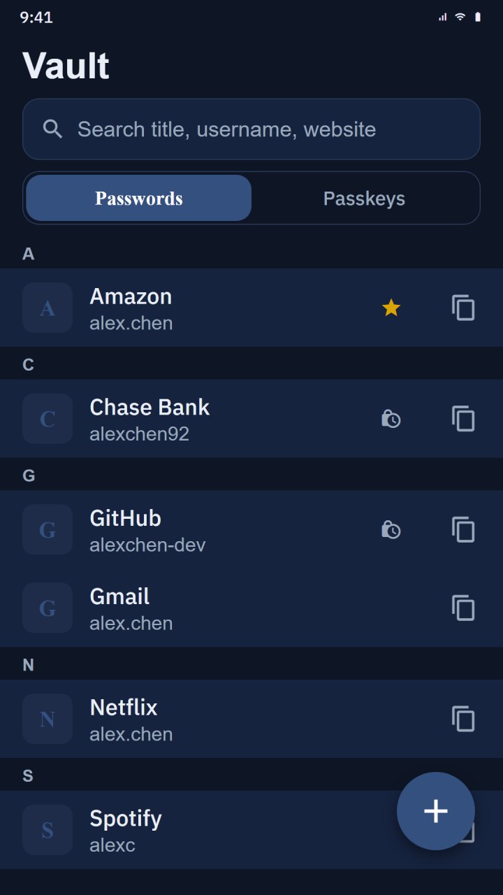 The Fobb vault list on a phone