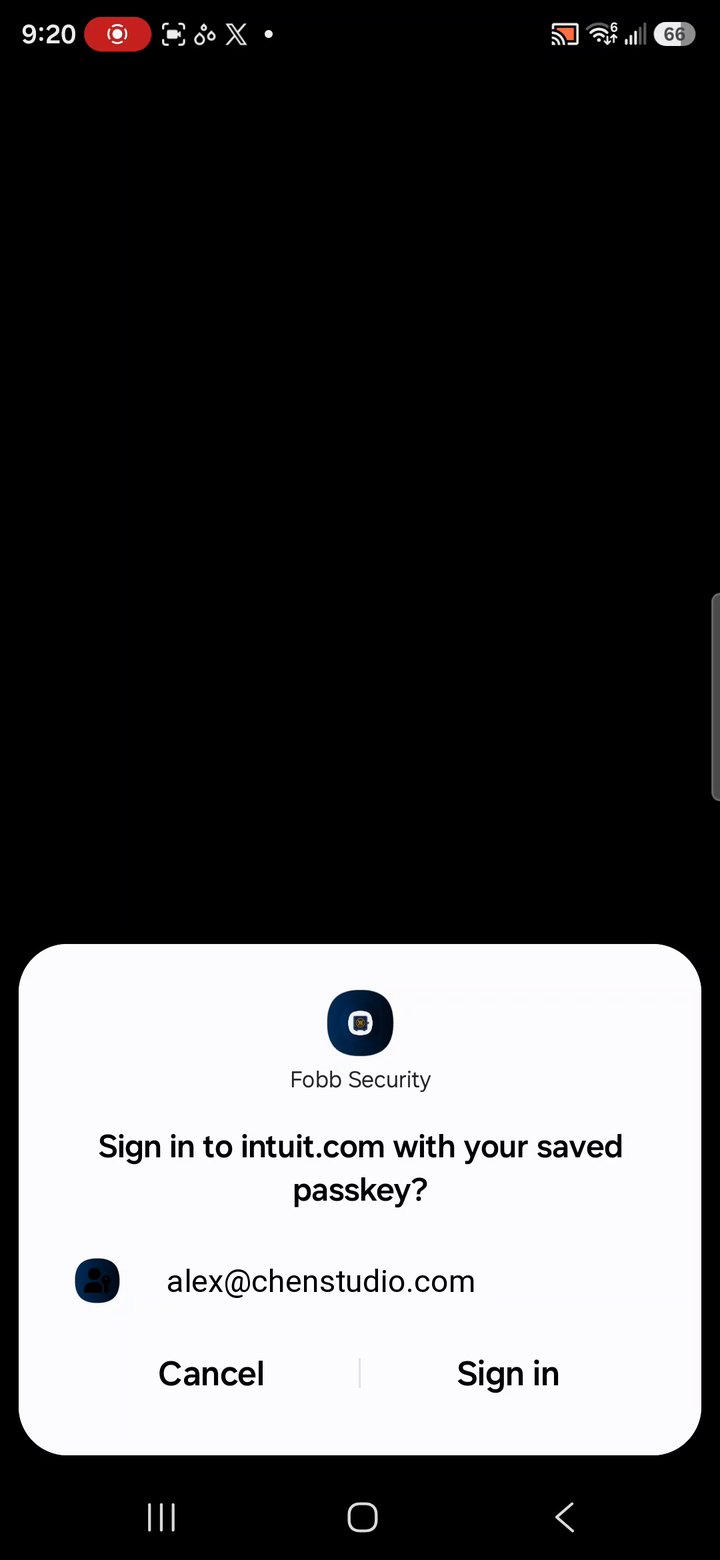 Fobb offering a saved passkey to sign in