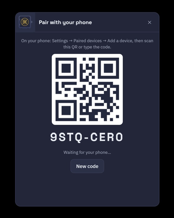 The Fobb desktop app showing a pairing code